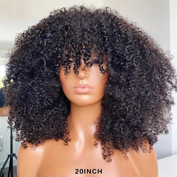 200 densité courte Afro crépus bouclés Remy brésilien perruques de cheveux humains avec une frange pleine dentelle avant perruque synthétique pour les femmes307n