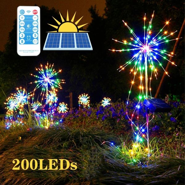 200 LED Solar Fireworks Cuerdas de luz Diente de león al aire libre IP65 Flash Flash String 8 Modos Control remoto Jardín Césped Luces de Navidad