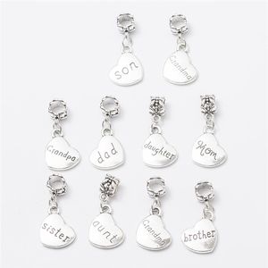 200 pièces famille mot coeur forme pendentifs à breloques pendantes perles Fit Pandora Bracelet ou bracelet bijoux à bricoler soi-même326h