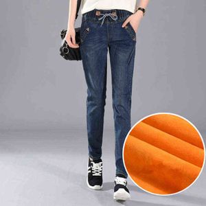 200 Livres Plus La Taille 5XL Femmes Hiver Harlan Jeans Loisirs Taille Élastique Pantalon Épais Filles Survêtement Avec Velours Pantalon MZ1891 211129