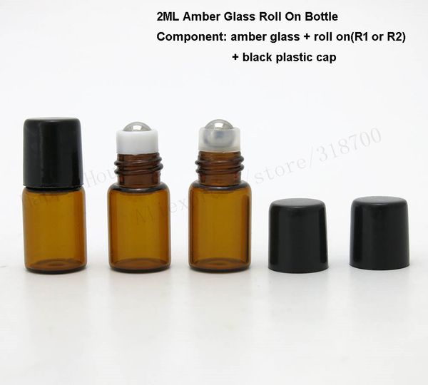 Botellas enrollables pequeñas de color ámbar recargables de 200x2 ml para aceites esenciales, botella de perfume recargable con tapa negra