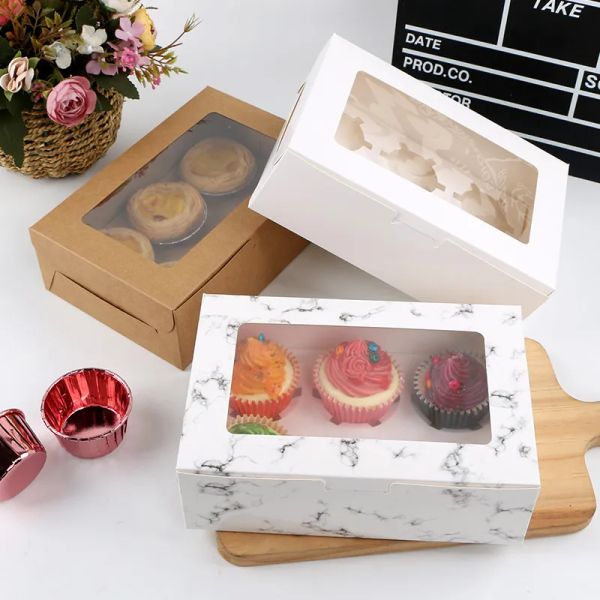 Cajas de cupcakes veteadas de 200X6 cavidades y cajas de embalaje para cupcakes con ventana, Cajas de Regalo para muffins, soporte para postre, Containe BJ