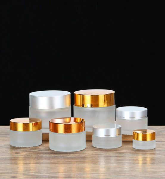 200 X Nuevo diseño Frost Glass Make Up Cream Jar Recipientes con tapa plateada brillante Uv con almohadilla blanca 15g 30g 50g