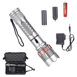 Waterdichte zelfverdediging Tactische Zaklamp Zoom T6 LED Hunting Torch Lotus Head Lamp Flash Light + 18650 Batterij + Auto AC Charger + Box