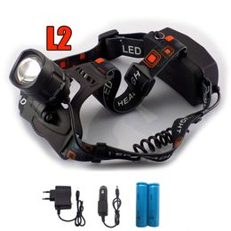 2000 Lumen XM-L2 LED-koplamp 5 Modi Zoom USB Oplaadbare jachtkoplamp Waterdichte mijnwerker's lamp + 18650 batterij + oplader