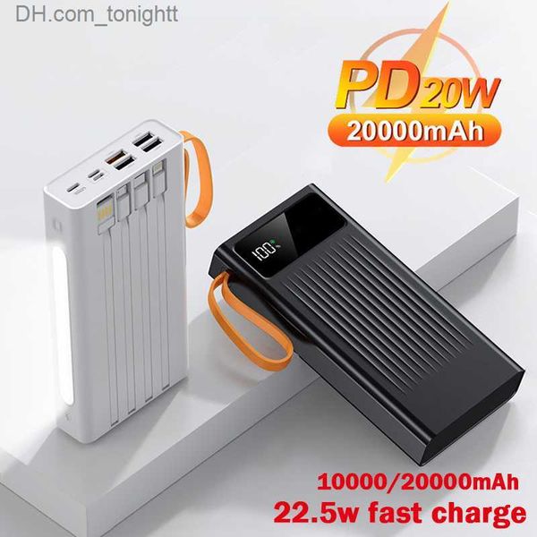 20000mah Banco de energía portátil Carga rápida Potente Powerbank 4 USB 22.5W TIPO C PD20W 4 Cable Lámpara LED Teléfono Cargador portátil Q230826