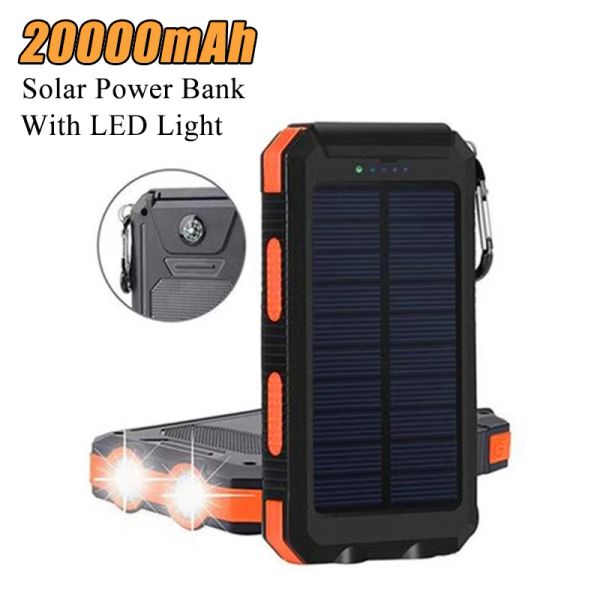 20000mAh banque d'énergie solaire double sortie USB batterie externe Portable Powerbank avec lumière LED pour iPhone 12 Xiaomi 9 Samsung