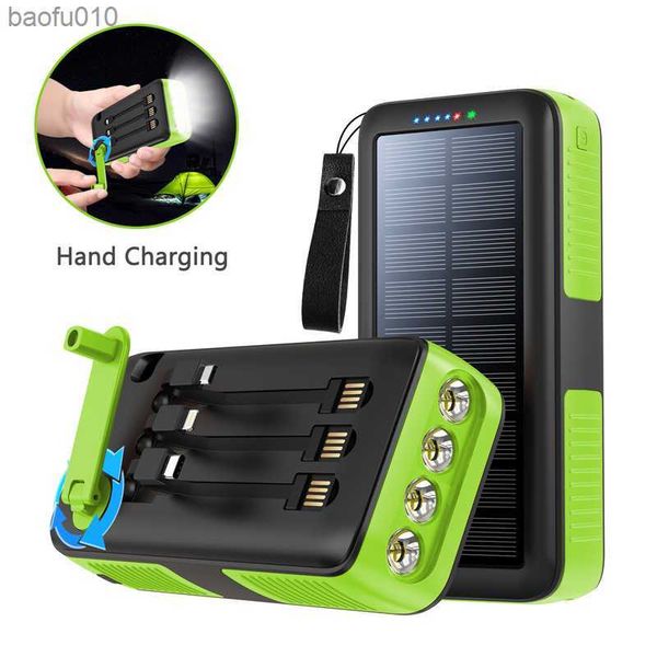 Banco de energía solar de 20000 mAh con cargador de manivela manual de 3 cables para iPhone 13 Samsung S22 Xiaomi Poverbank con linterna L230619