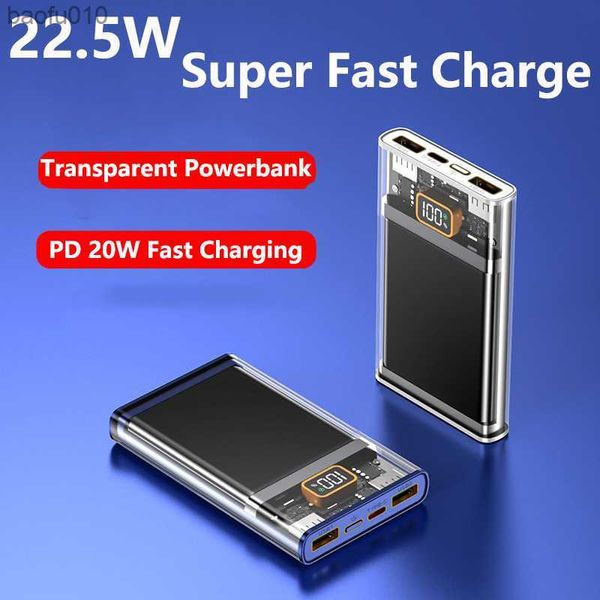 20000mAh Banco de energía transparente PD 20W / 22.5W Carga súper rápida para iPhone 13 12 Huawei P40 P50 Samsung Xiaomi Mini Powerbank L230712