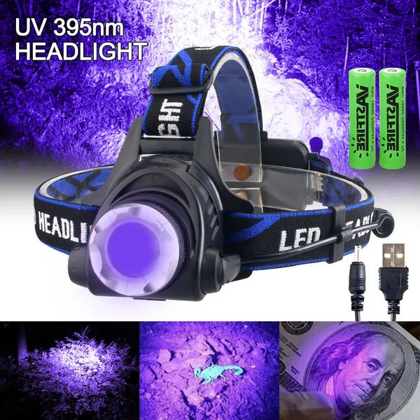 2000LM GreenRedUV 395nm phare étanche Zoomable phare ultraviolet USB lampe frontale Rechargeable 3 Modes torche de chasse 240117