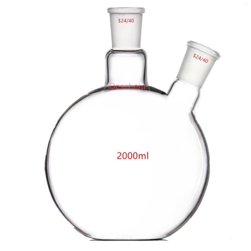 2000ml 24/40 Flacon en verre à fond plat à 2 cols 2L Récipient de réaction de laboratoire à deux cols