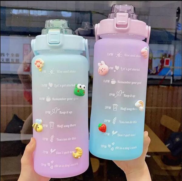 2000 ml Kawaii bouteilles d'eau bouteille géante avec marqueur de temps autocollant de paille en plastique Sport voyage mignon Portable Gym boissons tasses C0413