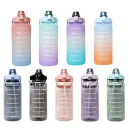 2000 ml grote capaciteit 2L waterfles Straw cup gradiënt kleur plastic bekers met tijd marker buiten sport fitness drinktumblers sxjun29