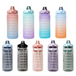 2000 ml grote capaciteit 2L waterfles Straw cup gradiënt kleur plastic waterbekers met tijd marker buiten sport fitness sporten flessen b0620