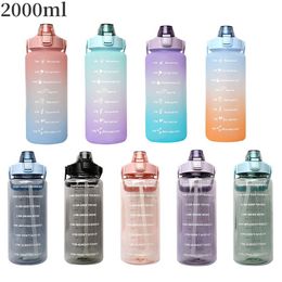 2000ML Large Capacity 2L Water Bottle Straw Cup Gradient Color Plastic Water Cups With Time Marker Camping Outdoor Sport Fitness Sports Bottles