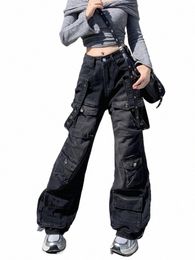 Ropa de la década de 2000 Y2K Streetwear Wed Black Baggy Cargo Jeans Pantalones para mujeres Pierna ancha Bolsillos múltiples Pantalones rectos sueltos para mujer p9BM #