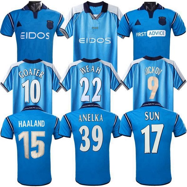 Maillots de football rétro MANS CITIES 1999 2001 2002 2003 Haaland ANELKA FOE WEAH Dickov Vintage Goater Manchester Shirts Kit classique