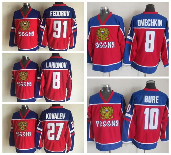 2002 Equipo Rusia Camisetas de hockey 8 ALEXANDER OVECHKIN 10 PAVEL BURE 91 SERGEI FEDOROV 27 ALEX KOVALEV 8 IGOR LARIONOV Jersey Red Home Hombre