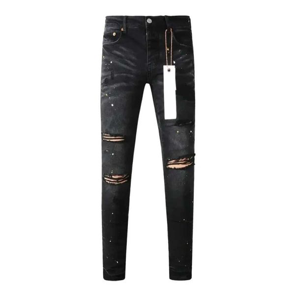 2004SS Top Quality Purple Jeans Men High Street Black Hip Hop Paint Dot Couteau Trou coupé Réparation Basse Rise Pantalon Denim Skinny 9045