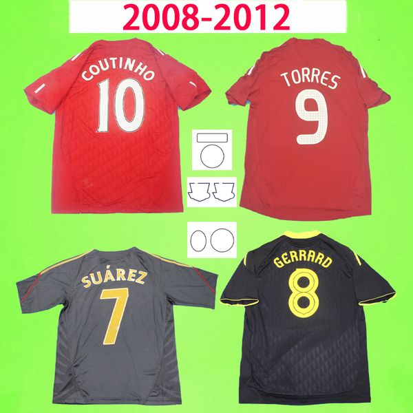 Liverpool 2008 2009 2010 2012 2012 Jerseys de football rétro 08 09 10 11 12 chemises de football vintage Classic Home Away Red Black Gerrard Torres Coutinho Suarez Top Quality