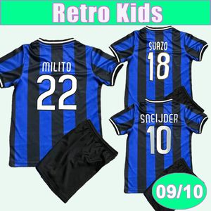 2009 2010 Sneijder Milito Retro Kids Kit Soccer Jerseys Suazo Home Black Blue Blue Child Football Shirts Uniformes de manga corta