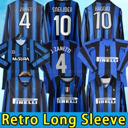 2009 Retro Soccer Jerseys Milito Sneijder Zanetti Milan Eto'o Football Djorkaeff Baggio Milan Inter Batistuta Long Manchet 09 10 11 98 99 2011 2011 1998 1999 1990