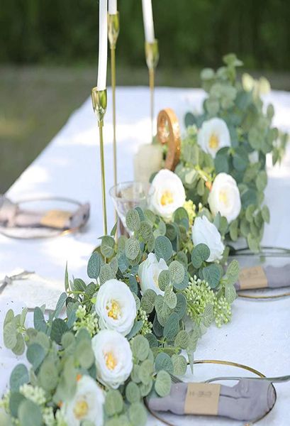 200cm décorations de mariage plantes artificielles fleurs guirlande d'eucalyptus avec roses blanches feuilles de verdure toile de fond table murale de fête D7202524