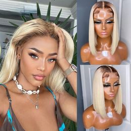 Nuevo Ombre Honey Blonde Brazilian Hair 13x4 Lace Front Short Bob peluca transparente Pixie Cut 613 pelucas frontales sintéticas para mujeres