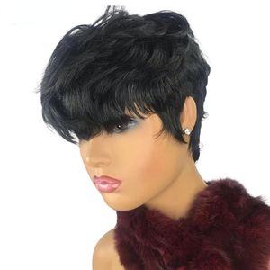 Perruque Bob coupe lutin courte naturelle, cheveux brésiliens ondulés colorés avec frange, sans colle, densité 200, pour femmes noires