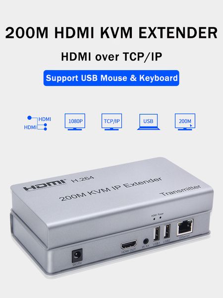200M HDMI KVM IP/TCP Extender Over RJ45 Cat6 1080P HDMI USB Ethernet Cable Transmisor Receptor H.264 por Network Switch Support Mouse Keyboard para PS4 PC To TV