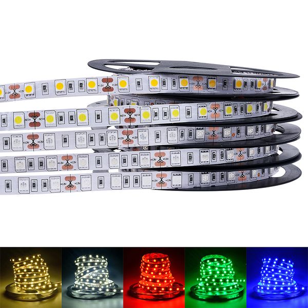 Tira de luces LED 5050 3528 5630 3014 2835 SMD Blanco cálido Rojo Verde Azul RGB Flexible 5M Roll 300 Leds Ribbon Impermeable / No impermeable