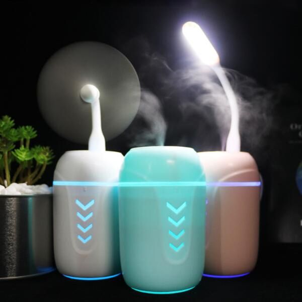 200ml 3 en 1 Aroma Diffuseur d'huiles essentielles Humidificateur d'air à ultrasons Purificateur d'air avec veilleuse LED et ventilateur USB pour la maison de bureau