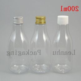 Las botellas de plástico transparente de 200 ml tienen tapa de aluminio de tres colores: blanco/oro/plata, recargables para paquete de cosméticos Amapg