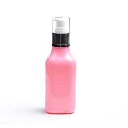 Botella de PET rosa de cuello largo de 200 ml con tapa completa de aluminio anodizado bomba de pico de pato loción prensa spray sub-embotellado