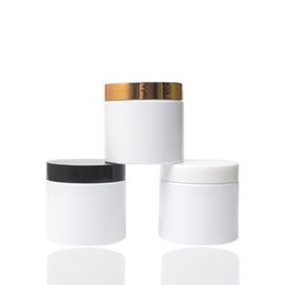 Frascos cosméticos blancos de 200 ml con tapas doradas Recipientes recargables de plástico para crema Mantequillas corporales Exfoliante de azúcar Medicina Vcihv