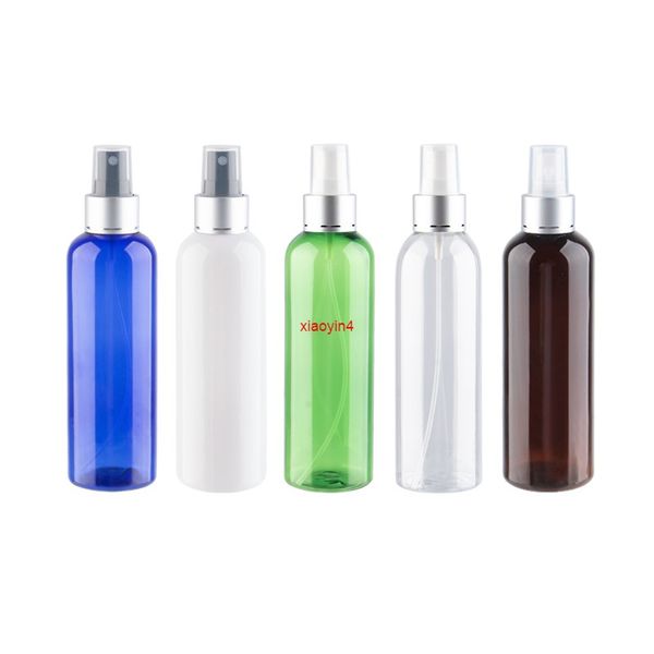 Recipientes de plástico recargables de 200 ml x 12 con tapa de pulverización de aluminio plateado Botellas de pulverizador de niebla de color PET de 200 cc para cosméticos buen paquete