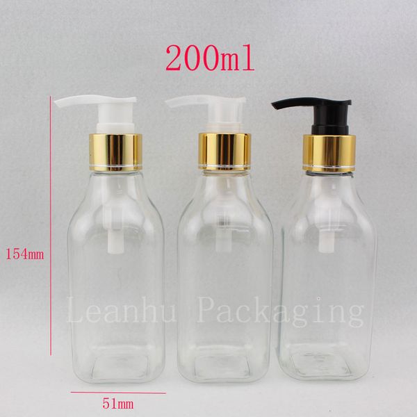 Botellas de champú cuadradas transparentes de cuello largo de 200ml X 30 con bomba de loción dorada, envases de botellas de loción cosmética recargables