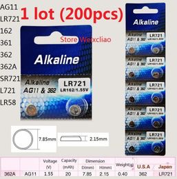 200 pièces 1 lot AG11 LR721 162 361 362 362A SR721 L721 LR58 155 V pile bouton alcaline piles 6499036