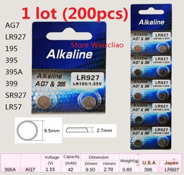 200 Uds 1 lote AG7 LR927 195 395 395A 399 SR927 LR57 155V pila de botón alcalina pilas de moneda 2373490