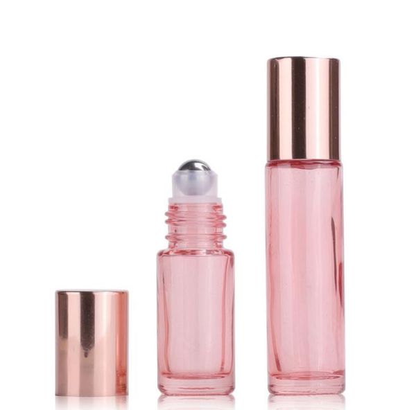 200pcs 5ml / 10ML Rose Gold Roll On Bottle Viales de aceite esencial de perfume vacío de vidrio grueso con bola de rodillo de acero inoxidable SN1281