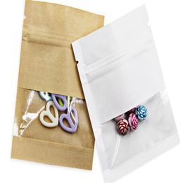 200 pièces 7/9 cm sacs d'emballage en papier kraft brun blanc avec fenêtre transparente pochettes à fermeture éclair refermables pour bonbons Snack Package2717