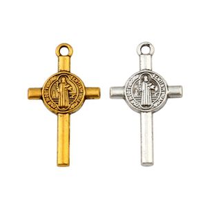 200 stks Antiek Zilver / Goud Benedict Medal Cross Charms Hangers Voor Sieraden Maken Armband Ketting DIY Bevindingen 13x23mm A-569