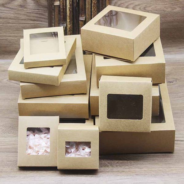 200 pièces boîte à savon en papier brun paquet de boîte-cadeau en papier Kraft avec fenêtre en Pvc transparent faveurs de bonbons ArtsKrafts affichage boîte Kraft