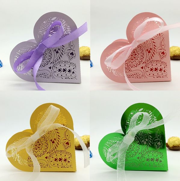 100 pcs découpé au laser creuse coeur feuille fleur boîte à bonbons chocolats boîtes avec ruban pour fête de mariage douche de bébé faveur cadeau