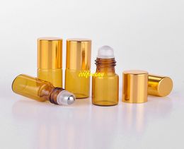 200 stks / partij 3 ml bruin amber glazen roll op essentiële olie parfumfles roestvrij stalen glazen roller bal goud zilver cap