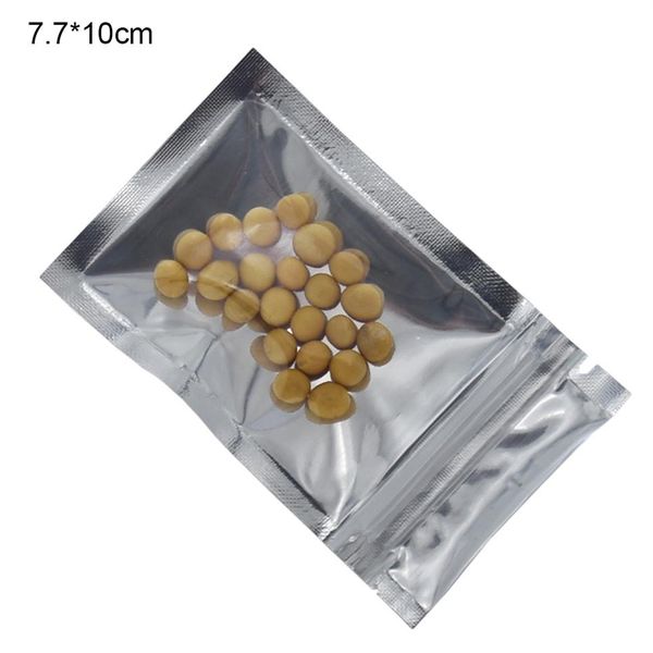 200pcs / lot 7 7 10cm Argent Feuille D'aluminium Avant Emballage Transparent Sac Zip Lock Pochette De Stockage Des Aliments Séchés Étanche À L'humidité Grip Seal Plasti251e