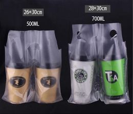 200pcs / lot-capaciteit. 500ml-700ml 5 zijden wegwerp plastic zakken 2 kopje melk thee koffiekop take-out verpakking tassen