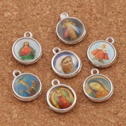 200pcs / lot émail médailles d'église religieuse catholique Saints Spacer perles de charme 14x11 4mm pendentifs en argent antique L1706272i