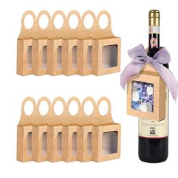 200 %/lot Kraft Paper Wine Bottle Box met raam Wijn Hangende opvouwbare geschenkdozen Wijnboxen voor geschenken Candy Chocolate