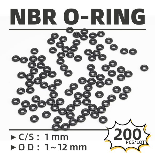 200pcs/lote de goma negra NBR CS 1 mm OD3/3.5/4/4.5/5/5.5/6/6.5/7/7.5/8/8.5/9/9.5/10/11/12 mm Junta de anillo Resistente al agua resistente al agua